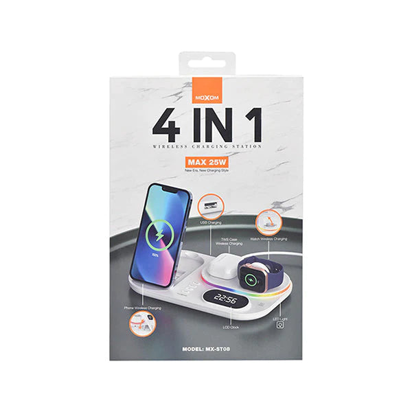Moxom 4 in 1 Wireless Charging Station 25W Max, Smart Watch Charger, TWS Case Wireless Charging, LCD Clock LED Light, Type-C, USB Port, MX-ST08 Moxom 4 in 1 Wireless Charging Station 25W Max, Smart Watch Charger, TWS Case Wireless Charging, LCD Clock LED Light, Type-C, USB Port, MX-ST08